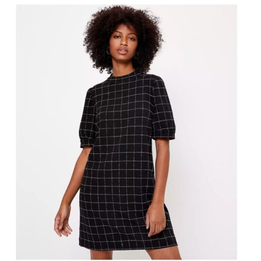 LOFT Windowpane Puff‎ Sleeve Shift Dress - Size 8 Petite - NWT